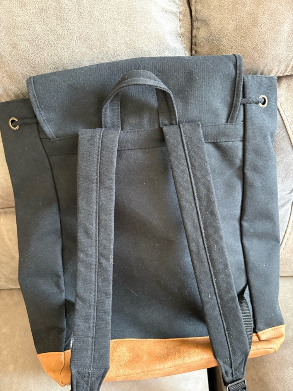 DSW Black Canvas Backpack with Tan Leather Accents - Picture 6 of 6